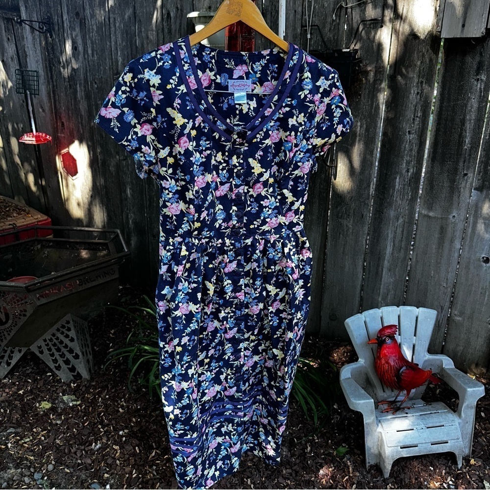 Lanz of Salzburg Cottagecore Blue Floral Ribbon Meadow Midi Dress L. milkmaid - Picture 2 of 7